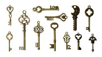 Antique bronze keys, isolated on white or transparent background. photo