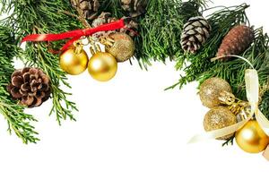 Pine twigs and Christmas decorations isolated on white or transparent background. photo