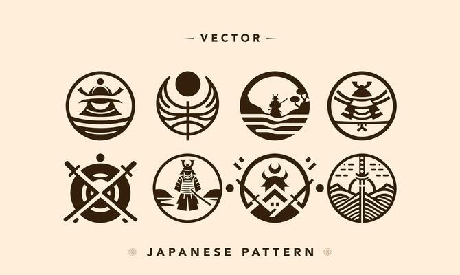 Japanese Vector Icon Set with Samurai and Nature Elements