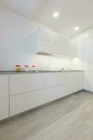 Modern white kitchen without handles photo