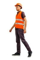 Stock image of male construction worker over white background photo