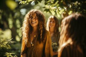 AI generated Happy smiling girl with curly hair sits among friends radiating warmth and support during mindfulness retreat photo