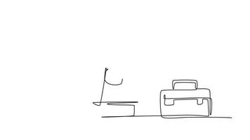 Self drawing animation of single line draw of young depressed male manager bowed limply on chair after he got sacked from work office. Job dismissal concept. Continuous line draw. Full length animated video