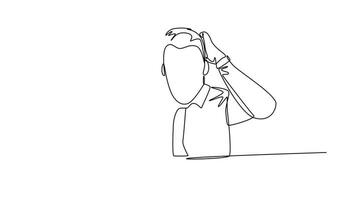 Self drawing animation of single line draw young frustrated businessman got headache facing pile of papers project on desk. Overtime work at office concept. Continuous line draw. Full length animated video