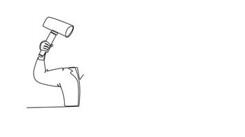 animiert selbst Zeichnung von kontinuierlich Linie zeichnen jung Wahnsinn Geschäftsmann bereit zu klatschen seine Laptop mit groß Hammer beim das Büro. Geschäft Risiko und Überlast Konzept. voll Länge Single Linie Animation video