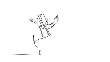 Animated self drawing of continuous line draw of young frightened businessman keep of himself from monitor laptop because of traumatize. Work psychological concept. Full length single line animation video