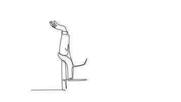 Animated self drawing of continuous line draw of young frustrated male worker shock on work chair while he was read financial report. Business fatigue at the office. Full length single line animation video