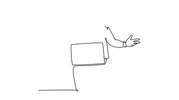 Self drawing animation of single line draw young confused businessman sitting on chair and watching bad sales performance data on his laptop. Business risk. Continuous line draw. Full length animated video