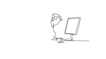 animado yo dibujo de continuo línea dibujar de joven furioso masculino trabajador Listo a aplastar monitor computadora utilizando archivo carpeta. estrés trabajo sobrecargar a el oficina concepto. lleno longitud uno línea animación video