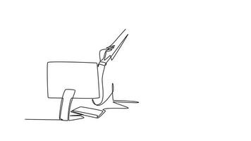 Animated self drawing of continuous line draw of young depression female employee sitting in front of computer and stack of papers and covered her head with folder. Full length single line animation video