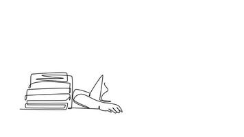 Animated self drawing of continuous line draw young bored female college student fall asleep on pile of books while studying at library. Learning education concept. Full length single line animation video