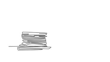 Animated self drawing of continuous line draw of young dizzy male customer service worker receiving many call in front of stack of papers. Customer care service concept. Full length one line animation video