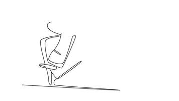 Animated self drawing of continuous line draw of young frustrated male employee ready to punch monitor computer using his fist hand. Work pressure at the office concept. Full length one line animation video