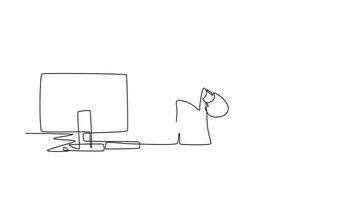 Animated self drawing of continuous line draw of young mad stressful businessman tearing paper in his work computer desk at his office. Business project failure concept. Full length one line animation video