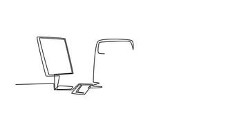 yo dibujo animación de soltero línea dibujar joven cansado masculino empleado o trabajador dormido en trabajo escritorio con computadora. trabajo sobrecargar fatiga a oficina concepto. continuo línea dibujar. lleno longitud animado video