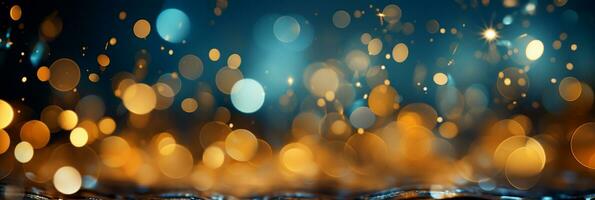 AI generated Panoramic background with colorful bokeh effect. Golden abstract lights on dark Holiday illumination and decoration concept photo