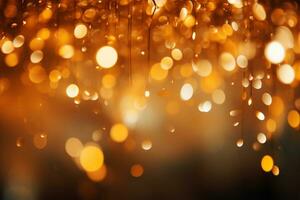 AI generated Panoramic background with colorful bokeh effect. Golden abstract lights on dark Holiday illumination and decoration concept photo