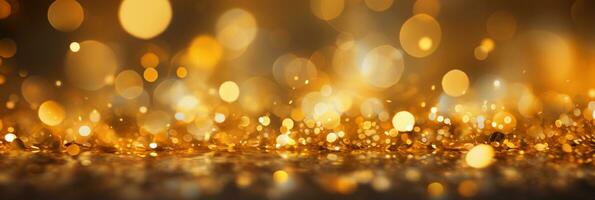 AI generated Panoramic background with colorful bokeh effect. Golden abstract lights on dark Holiday illumination and decoration concept photo