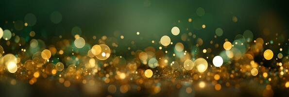 AI generated Panoramic background with colorful bokeh effect. Golden abstract lights on dark Holiday illumination and decoration concept photo