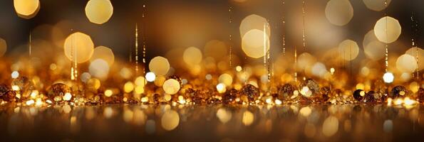 AI generated Panoramic background with colorful bokeh effect. Golden abstract lights on dark Holiday illumination and decoration concept photo