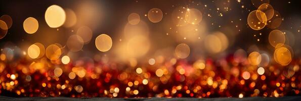 AI generated Panoramic background with colorful bokeh effect. Golden abstract lights on dark Holiday illumination and decoration concept photo