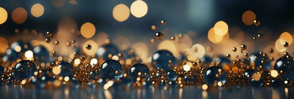 AI generated Panoramic background with colorful bokeh effect. Golden abstract lights on dark Holiday illumination and decoration concept photo