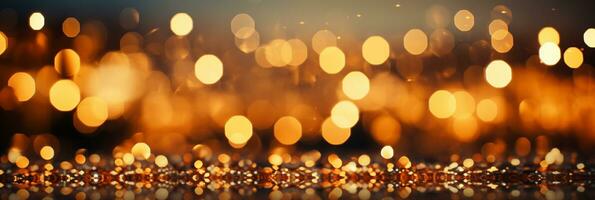 AI generated Panoramic background with colorful bokeh effect. Golden abstract lights on dark Holiday illumination and decoration concept photo