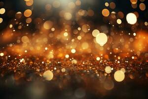 AI generated Panoramic background with colorful bokeh effect. Golden abstract lights on dark Holiday illumination and decoration concept photo