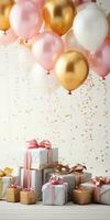 AI generated Festive birthday banner concept gold flat lay composition with balls ribbons, confetti, glitter giftcard copy space background photo