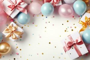 AI generated Festive birthday banner concept gold flat lay composition with balls ribbons, confetti, glitter giftcard copy space background photo