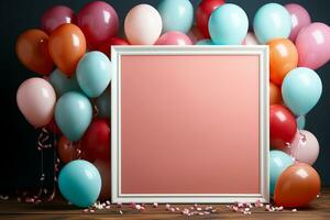 ai generado festivo cumpleaños bandera concepto oro plano laico composición con pelotas cintas, papel picado, Brillantina tarjeta de regalo Copiar espacio antecedentes foto