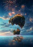 AI generated The atmosphere of a magical island on the water with a backdrop of colorful fireworks photo