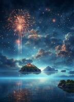 AI generated The atmosphere of a magical island on the water with a backdrop of colorful fireworks photo