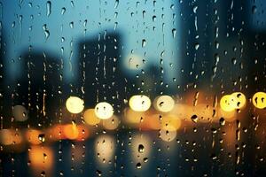 Raindrops on a windowpane with blurred city lights. Ai generated photo