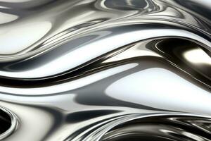 Close up texture of liquid glossy silver metal fluid gradient waves abstract background. Ai generated photo