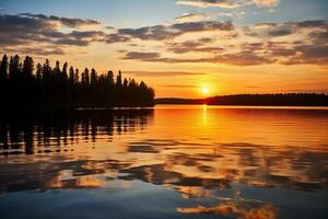Sunset reflection on a calm lake surface. Ai generated photo