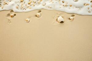 Sandy beach texture with seashells and footprints. Ai generated photo