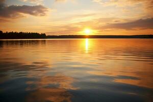 puesta de sol reflexión en un calma lago superficie. ai generado foto
