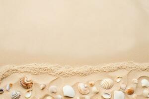 Sandy beach texture with seashells and footprints. Ai generated photo