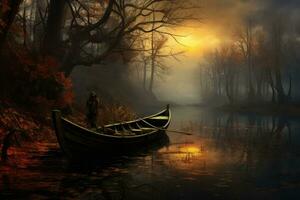 AI generated Fantasy landscape with a boat on the river in a foggy forest, boat on the river, AI Generated photo