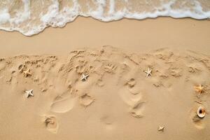 Sandy beach texture with seashells and footprints. Ai generated photo