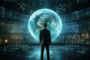 AI generated Rear view of businessman looking at planet earth on abstract background with binary code, Businessman standing in front of a large hologram screen displaying, AI Generated photo