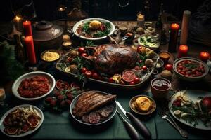 ai generado tradicional Navidad cena con asado Turquía y otro comida en oscuro de madera fondo, Navidad cena mesa lleno de platos con comida y aperitivos, ai generado foto