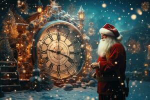 ai generado Papa Noel claus con un reloj en el antecedentes de el antiguo ciudad, Navidad y nuevo año Días festivos concepto, ai generado foto