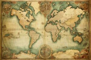 AI generated old map of the world on a wooden background, vintage style, Antique World Map on Mercators Projection, AI Generated photo