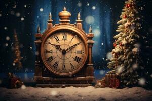 ai generado Clásico reloj y Navidad árbol en nieve antecedentes. nuevo año concepto, Navidad y nuevo año Días festivos concepto, ai generado foto