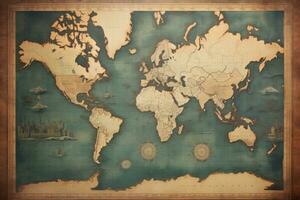ai generado antiguo mapa de el mundo en el de madera antecedentes con grunge textura, antiguo mundo mapa en mercadores proyección, ai generado foto