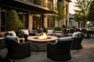 AI generated Outdoor patio with fireplace and armchairs in a luxury house, An image of a beautiful outdoor seating area, with several luxurious chairs arranged around a fire pit, AI Generated photo