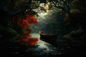 AI generated Fantasy landscape with a wooden boat on the lake. 3d render, boat on the river, AI Generated photo