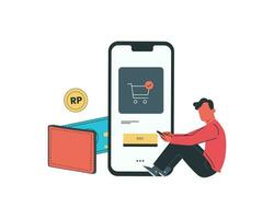 Online shopping concept. A man with a phone and a credit card. Vector illustration.